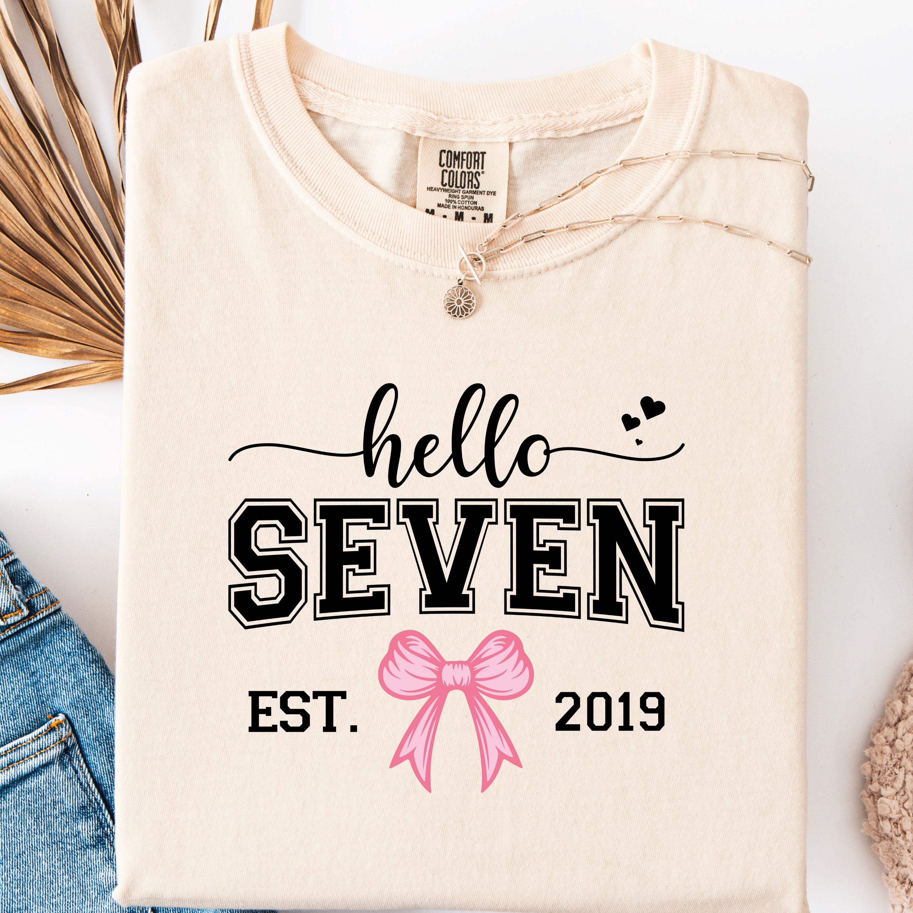 Hello Seven Hello Seven Birthday Girl Design Est 2019: Pink Bow Seventh Birthday ...
