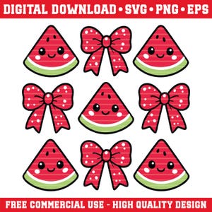 Coquette Watermelon Bow PNG SVG EPS | Cute Summer Fruit Clipart | Kawaii Watermelon Digital Download for Cricut & Sublimation