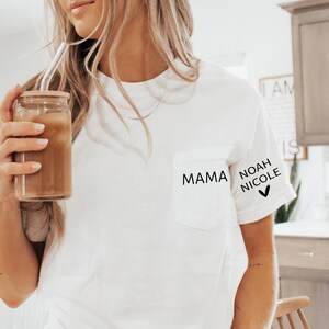 Comfort Colors, Custom Mama Shirt with Children Name on Sleeve, Pocket Mama Shirt, Mama Shirt, Mother&#39;s Day Shirt, Mother&#39;s Day Gift, Mom