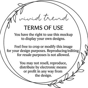 May include: A circular graphic with the words "vivid trend" in cursive at the top. The text "TERMS OF USE" is centered below, followed by usage guidelines. A decorative leaf border surrounds the text.