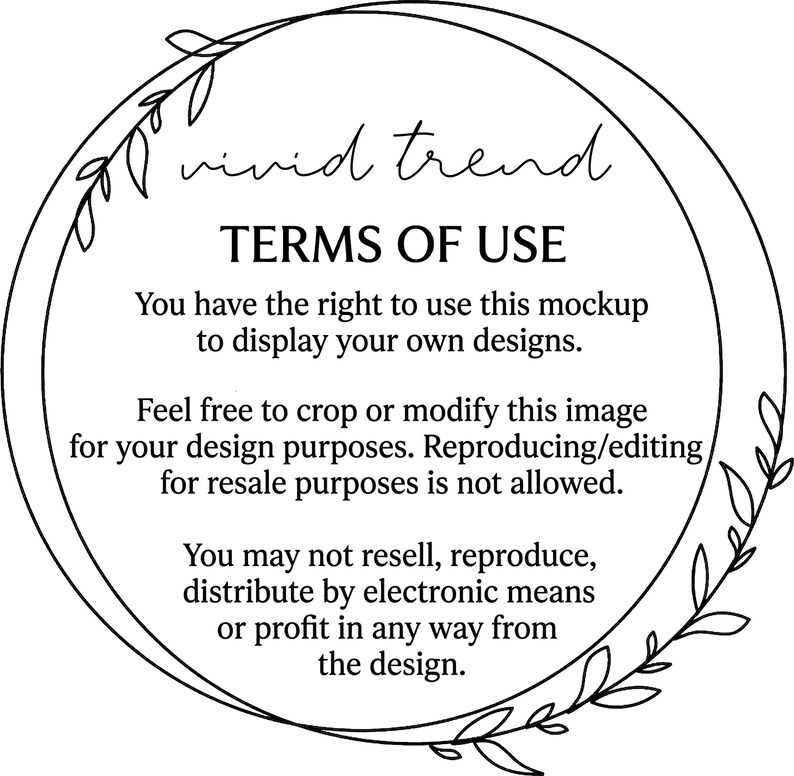 May include: A circular graphic with the words "vivid trend" in cursive at the top. The text "TERMS OF USE" is centered below, followed by usage guidelines. A decorative leaf border surrounds the text.