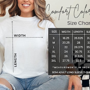 May include: Size chart for a long-sleeve t-shirt with measurements in inches for sizes S through 3XL. The chart shows width, length, and sleeve length.