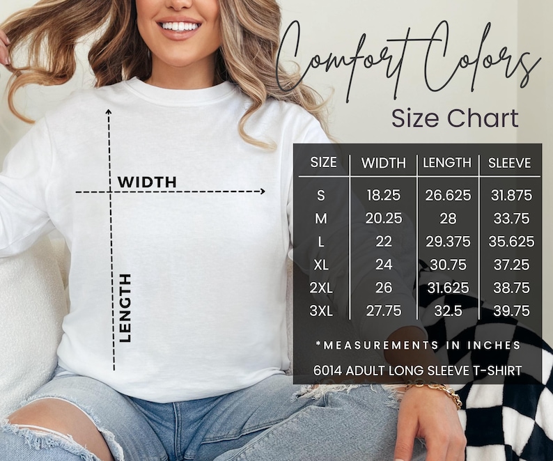 May include: Size chart for a long-sleeve t-shirt with measurements in inches for sizes S through 3XL. The chart shows width, length, and sleeve length.