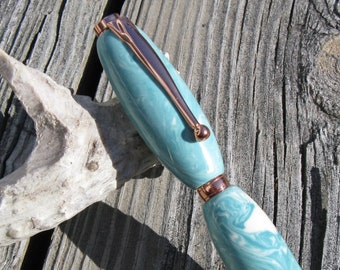 Sage and Ivory Marble Handmade Twist Pen With Copper Components