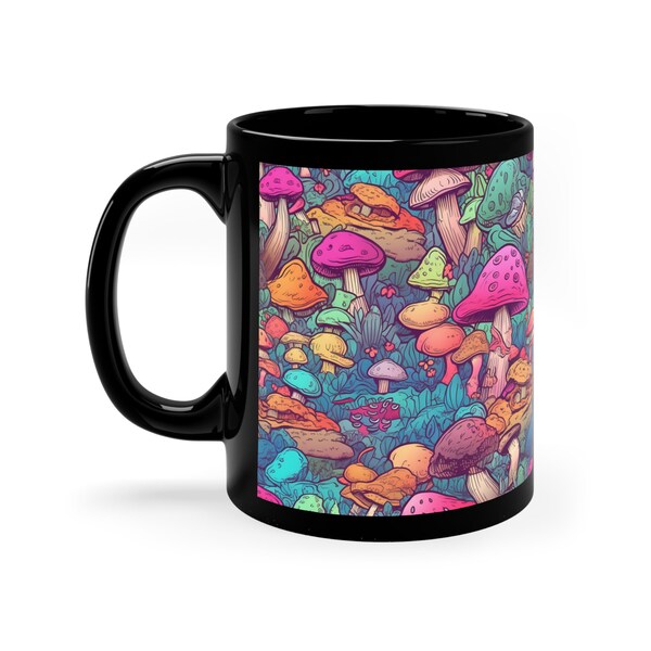 Enchanted Forest Mushroom Mug - Vibrant Whimsical Mushrooms in Magical Colors, Playful Fairy-tale Illustration, Unique Gift Idea