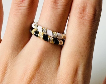 Black and White Enamel Pave Diamond S925 Silver Ring