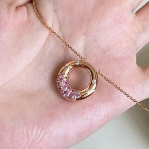 18K Gold Pink Sapphire Circle Pendant, Delicate Gold Chain