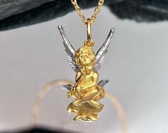 ゴールドメッキスターリングシルバーエンジェルネックレス：ラボダイヤモンドキューピッドペンダント