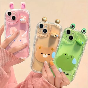 Cute Transparent Cute 3D Cartoon Rabbit Frog Brown Bear Wavy Phone Case For iPhone 15 14 13 12 11 ProMax