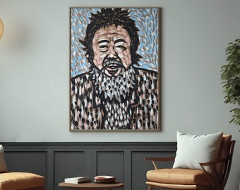 Porträt des chinesischen Künstlers Ai Wei Wei, mit Acryl gemaltes Gemälde, expressionistische Kunst zum Sammeln, handgefertigt von Manuel Puente