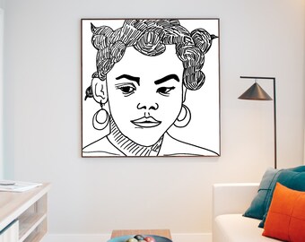 Acrylic painting, Portrait of a girl in black and white, Unstretched canvas in a tube, Handmade art signed by spanish painter Manuel Puente