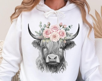 Sudadera con capucha Highland Cow, sudadera rosa con estampado floral