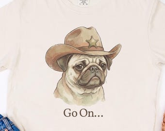 Camiseta divertida de vaquero con carlino estilo western, regalo para sheriff.