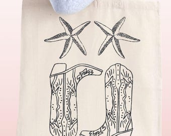 Bolso de vaquera costera: bolso de moda con botas vaqueras y estrellas de mar