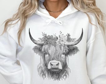 Sudadera minimalista con capucha de vaca de las Tierras Altas, ropa de invierno acogedora de vaca en escala de grises