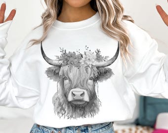 Sudadera minimalista de vaca de las Tierras Altas con cuello redondo de vaca escocesa en escala de grises