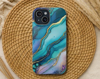Funda para iPhone con efecto mármol, color verde azulado, morado y dorado: compatible con MagSafe