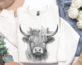 Sudadera minimalista de vaca de las Tierras Altas con cuello redondo de vaca escocesa en escala de grises