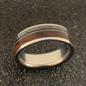 Rosewood Ring With Guitar String and Gibeon Meteorite - Mens Wedding Band