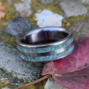 Titanium Wedding Ring with Moss Agate Moss Agate Ring for Men Free Ring Engraving image 3