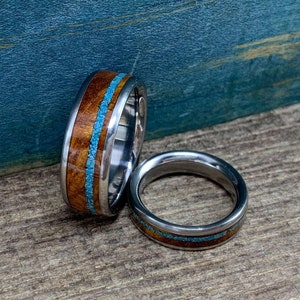 Matching Wedding Band Set - Titanium Rings with Desert Ironwood and Turquoise Inlays - His and Hers