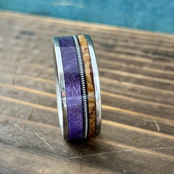 Purple Box Elder and Birds Eye Maple Ring With Guitar String- Mens Titanium ring