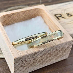 Yellow Gold and White Opal Stacking Set - 10k Gold Wedding Band Set