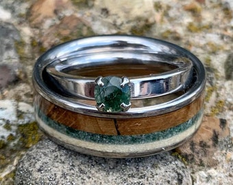 Moss Agate Engagement Ring with Matching Wedding Band - English Oak, Moss Agate and Deer Antler Ring