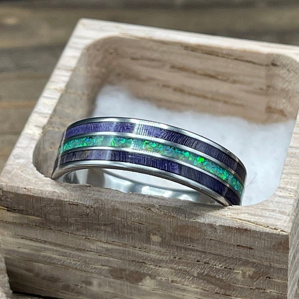 Men's Titanium Ring with Purple Box Elder Wood and Green Opal - Purple Ring for Men - Men's Opal Ring