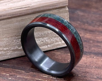 Men's Black Titanium Ring - Wedding Band with Wood and Stone - Moss Agate and Redwood Inlay Ring - Engraved Personalized Boyfriend Gift