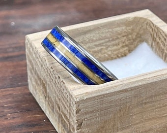 Men's Wedding Band - Titanium Ring with Lapis Lazuli and Maple Wood Inlays