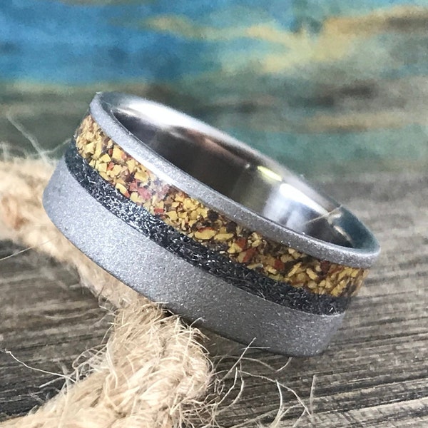 Men's Meteorite and Dinosaur Bone Ring - Sandblasted Titanium Wedding Band for Him