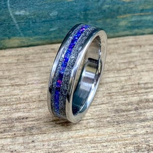Meteorite Ring with Dark Blue Opal - Men's Titanium Wedding Band
