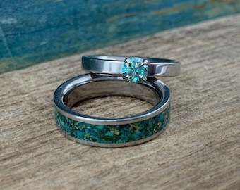 Blue Green Moissanite Engagement Rings - The Hobgoblin Set