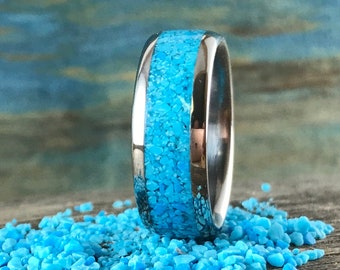 Mens Wedding Band - Titanium Ring with Blue Turquoise Inlay - Made to Order