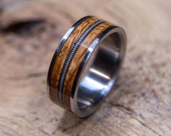 Whiskey Barrel Ring - Titanium Band with Guitar String Inlay, Free Engraving