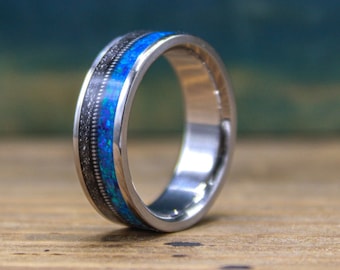 Meteorite Ring for Men - Titanium Ring with Blue Opal and Gibeon Meteorite Inlays - Made to Order and Customizable