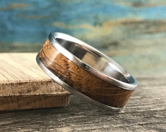 Handcrafted Titanium Whiskey Barrel Wedding Band - 1971 Aged Oak Mens Ring