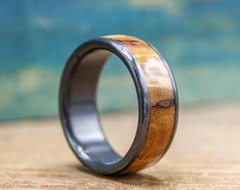 Men's Black Wedding Band with Wood Inlay - Zirconium and Black Ash Burl Wood Ring for Men - Black Ring for Him