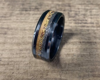 Men's Meteorite Wedding Band - Black Ceramic Ring with Meteorite, Dinosaur Bone and Whiskey Barrel Wood for Men