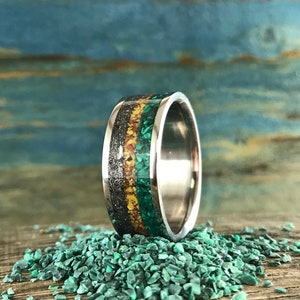 Mens Meteorite Wedding Ring - Titanium Ring with Meteorite, Dinosaur Bone and Malachite