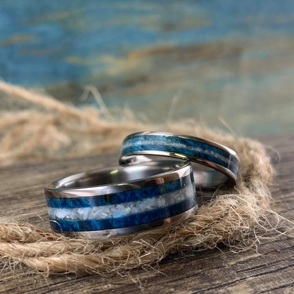 Matching His and Hers Rings - Titanium Wedding Bands Set with Blue Wood and Pearl