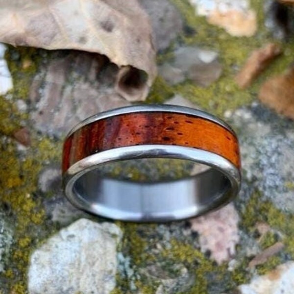 Titanium and Cocobolo Wood Inlay Ring  - Exotic Wood Wedding Band for Men