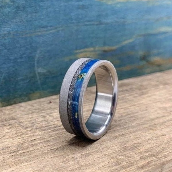 Meteorite Wedding Ring for Men - Sandblasted Titanium Ring with Gibeon Meteorite and Blue Box Elder Wood Inlays