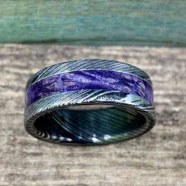 Stainless Steel Damascus Ring With Purple Box elder - Purple Wedding Band