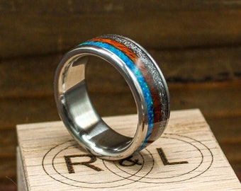 Mens Meteorite Wedding Ring - Titanium Ring with Meteorite, Dinosaur Bone and Wood