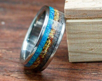 Meteorite Ring with Dinosaur Bone and Blue Opal - Men's Unique Wedding Band