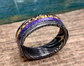 Damascus Steel Ring with Dinosaur Bone, Meteorite and Purple Box Elder - Handmade Jewelry - Halloween Wedding - Robandlean