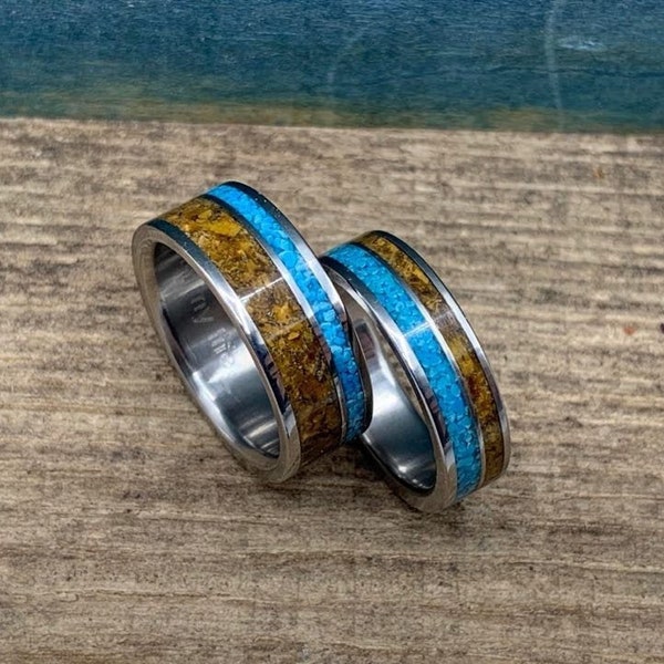 Rustic Turquoise and Tigers Eye Matching Wedding Bands - His and Hers Promise Rings - Couples Titanium Rings - Size Inclusive