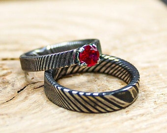 Damascus Steel Wedding Rings Set - Ladies Ruby Engagement Ring - Men's Stainless Steel Wedding Band - Matching Couple's Bridal Set